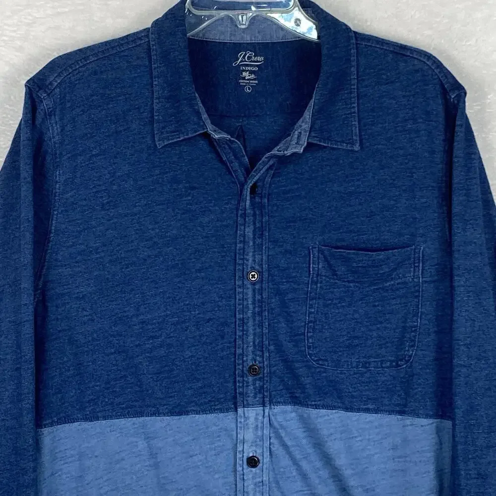 J.Crew Indigo Knit Goods Shirt Mens L Blue Two Tone Chambray Preppy Classic